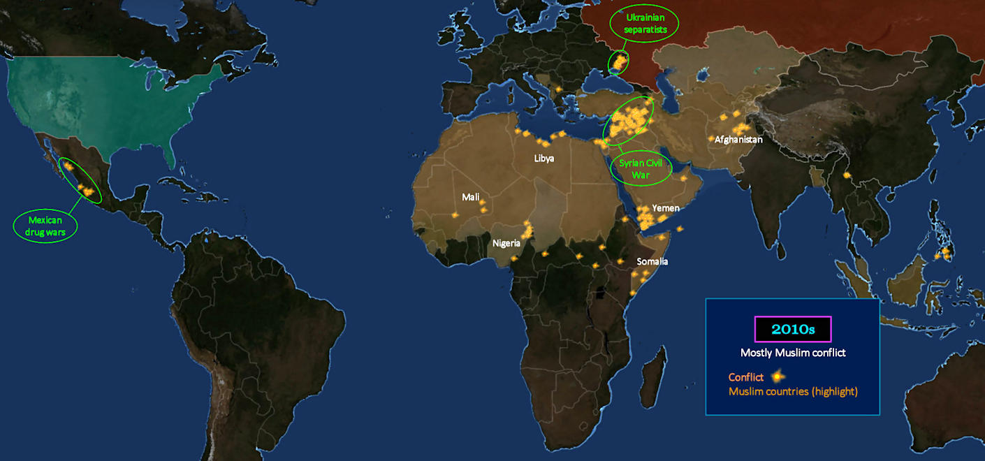 Continuing Muslim world conflict, 2010s map